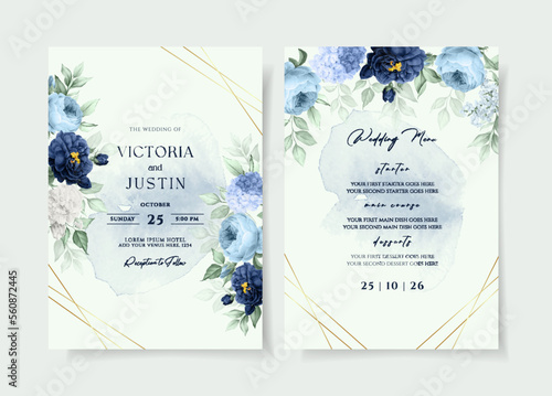 Wedding invitation template set with navy blue floral and leaves decoration