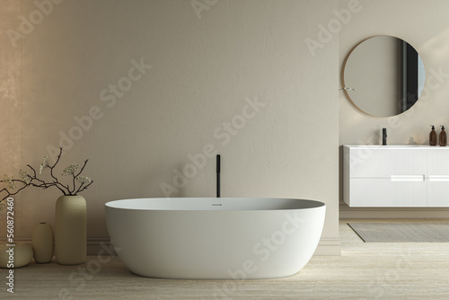 Bright minimal bathroom interior with white basin and oval mirror  bathtub  dry plants in vase  carpet on granite floor. Bathing accessories and window in hotel studio. 3D rendering