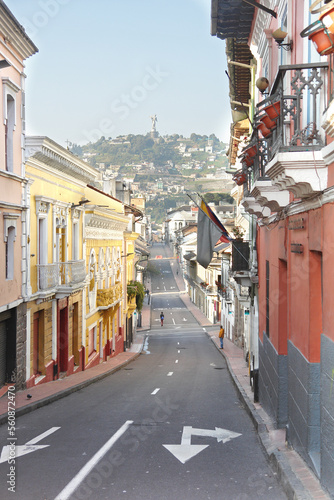 Streets of the old town of Quito  Ecuador with view of Panecillo hill