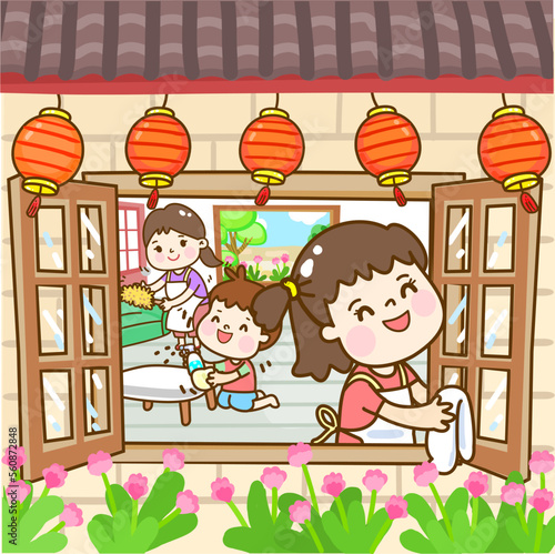 cartoon family for chinese new year.