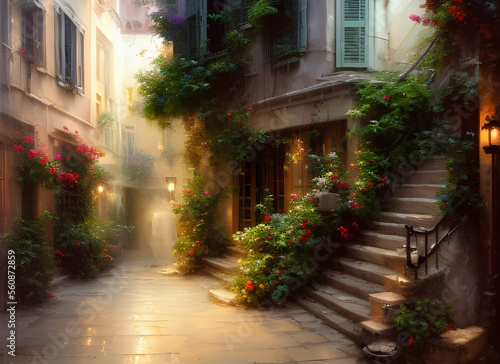 Painting of a beautiful old street with traditional houses in a typical old-fashioned greek town at twilight with glowing lamps and summer flowers. generative ai illustration