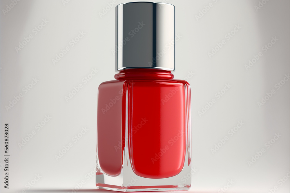 Boccetta riflettente di smalto rosso o profumo su sfondo bianco generata dall'AI Boccetta riflettente di smalto rosso o profumo su sfondo bianco generata dall'AI