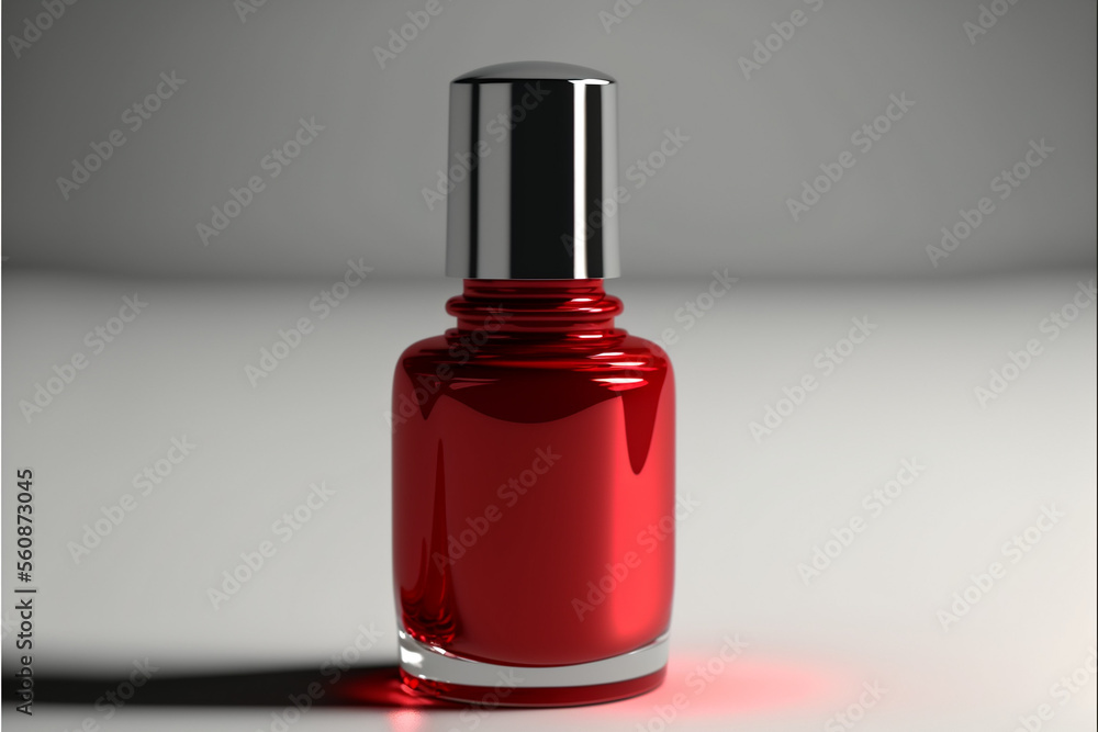 Boccetta riflettente di smalto rosso o profumo su sfondo bianco generata dall'AI Boccetta riflettente di smalto rosso o profumo su sfondo bianco generata dall'AI