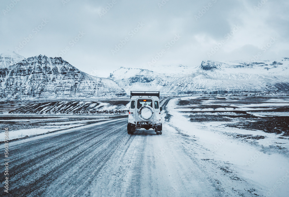 Car Travelling On Winter Road To Skaftafell Glacier