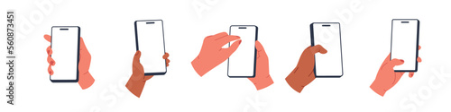 hand holding phone. Empty screen, phone mockup. advertisement mobile . Isolated vector illustration