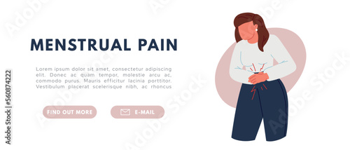 Abdominal pain. Woman with strong PMS pain during periods. Flat vector illustration