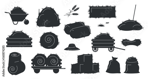Bale of hay black set. Collection of silhouettes, minimalist creativity and art. Farming and agriculture, rustic landscape, village. Cartoon flat vector illustrations isolated on white background