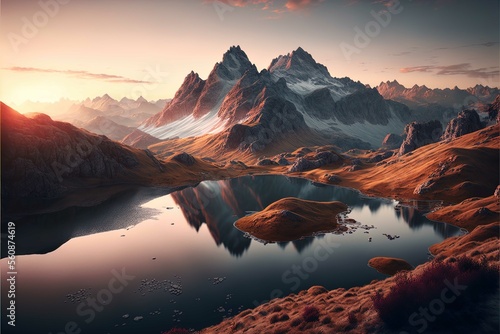 A panoramic view of a mountain range at sunset with a lake in the foreground, perfect for outdoor and adventure promotions.