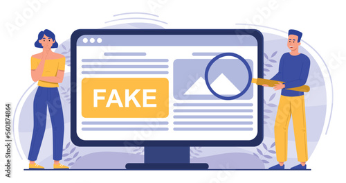 People check news on smartphone. Man and woman with magnifying glass evaluate information looking for lies. Media and knowledge on Internet. Poster or banner. Cartoon flat vector illustration