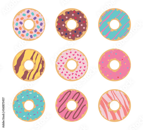 Donut with sprinkles set. Collection of stickers for social networks and instant messengers. Dessert, gourmet and delicacy, sweetness. Cartoon flat vector illustrations isolated on white background
