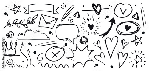 Doodle line set. Collection of stickers for social networks and messengers. Drawings, minimalist creativity and art. Arrow and hearts. Cartoon flat vector illustrations isolated on white background