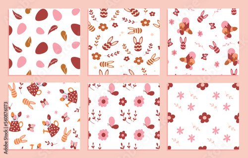 Easter boho patterns set. Collection of graphic elements for website. Symbol of spring season, culture, religion and traditions. Cartoon flat vector illustrations isolated on pink background