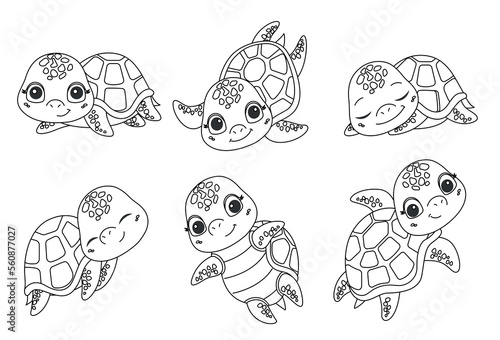 Turtles line set. Collection of graphic elements for site. Minimalistic creativity and art. Stickers for social networks and messengers. Cartoon flat vector illustrations isolated on white background