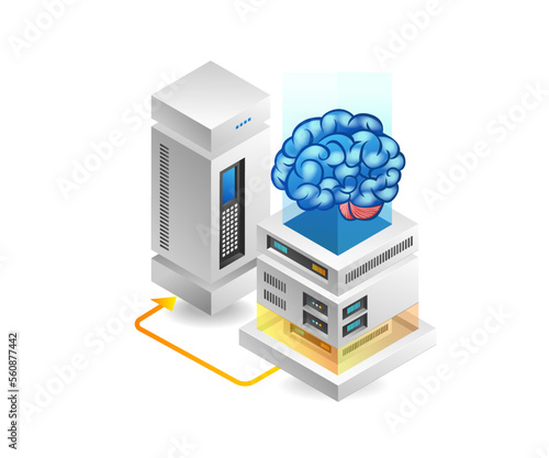 Flat 3d concept isometric illustration of artificial intelligence server data brain