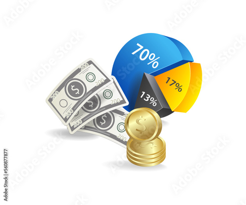 Flat isometric 3d concept illustration of pie chart for money split analysis