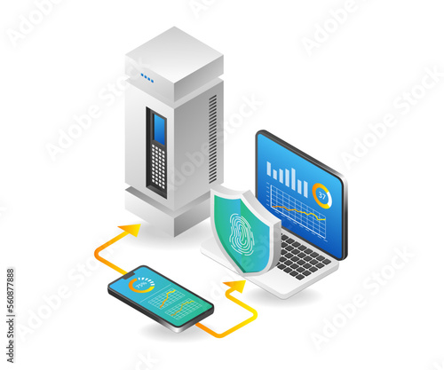 Flat isometric 3d concept illustration of server data security analysis