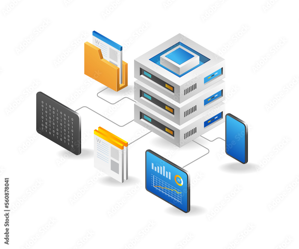 Flat isometric 3d illustration concept of big data storage server