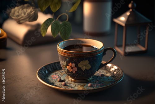 A still life of a cup of coffee, with realistic texture and lighting Generated IA