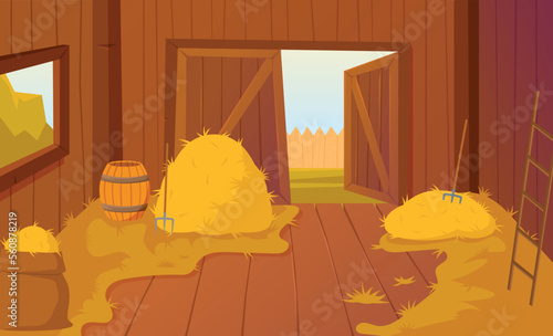 Bale of hay wooden barn. Poster or banner for website. Countryside and farming, harvest. Yellow spikelets, botany. Natural and organic food for animals concept. Cartoon flat vector illustration