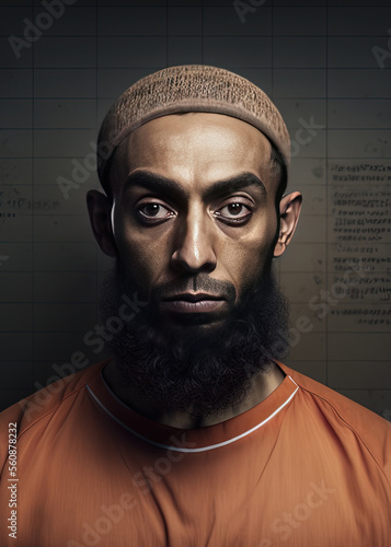 portrait mugshot of a Serious Middle eastern man looking at the camera. Image generated with generative AI photo