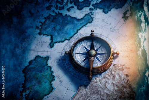 Old Antique Compass on a Paper Map Blue Gold background wallpaper, Goals Objectives Purpose Why, True North, Organizational Alignment, generative ai photo