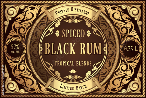 Black Rum - golden ornate retro decorative label