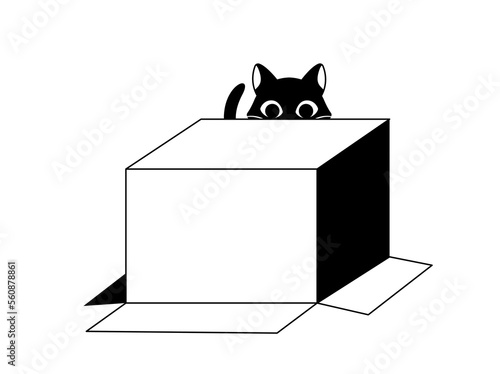 Black cat with box doodle. Character sits behind overturned cardboard box. Comfort and coziness in apartment, charming, cute and adorable kitten, playful animal. Cartoon flat vector illustration