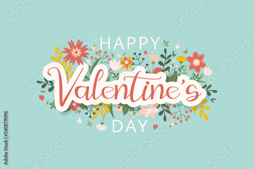 Happy Valentine's Day greeting card. Vector illustration with holiday colorful flowers