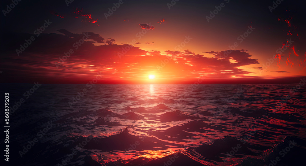 Panoramic Beautiful Sunset on Ocean, Beautiful clear skies, very few clouds, Flat ocean Horizon, Vast Ocean, Red Skies, Red Sunrays