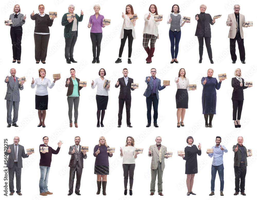 group of happy people with gifts in their hands isolated