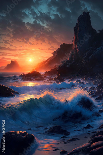 painting of a sunset over the ocean © Lemart