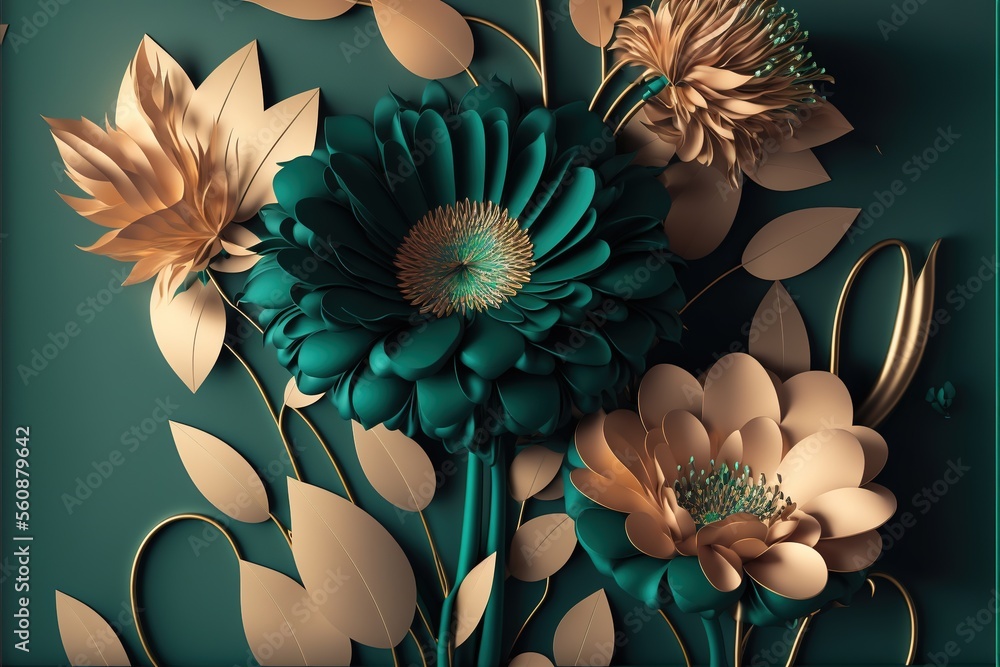 3d render wallpaper abstract floral background with green and gold