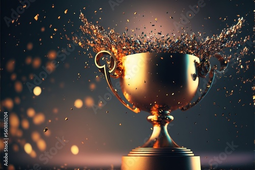 Golden award trophy with splashing confetti. Generative ai