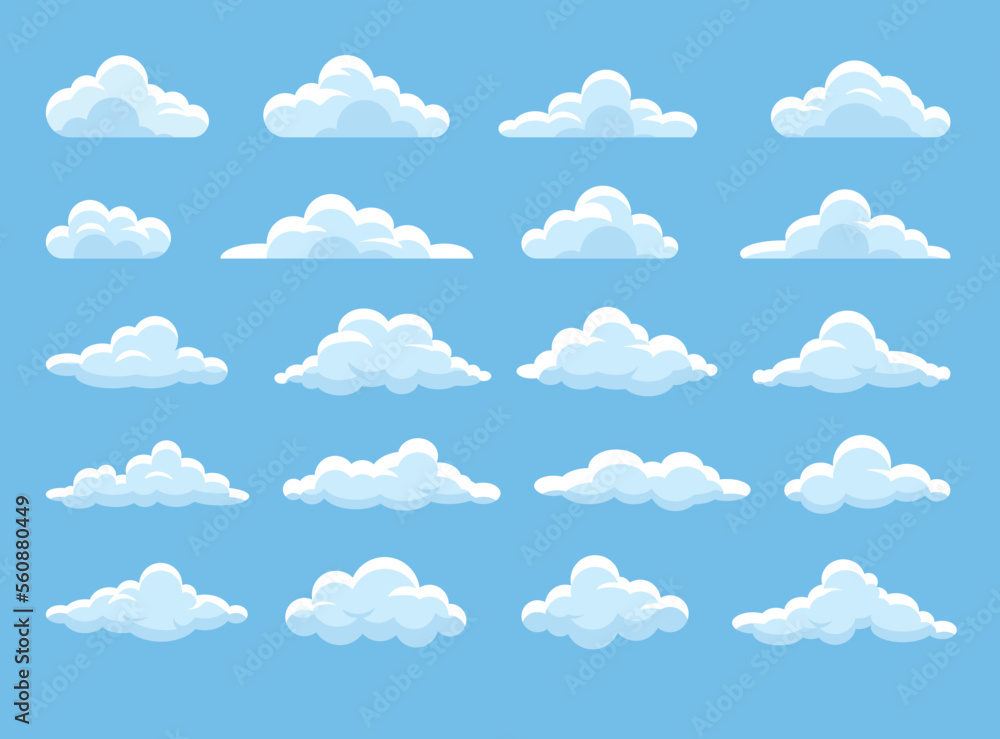 Set of clouds. Collection of graphic elements for website. Symbol of tenderness and love, care. Climate and atmosphere, weather. Cartoon flat vector illustrations isolated on blue background Set of clouds. Collection of graphic elements for website. Symbol of tenderness and love, care. Climate and atmosphere, weather. Cartoon flat vector illustrations isolated on blue background