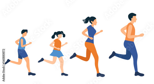 Happy Family Sport Activity, mother, father and kids running in the park. Family fit exercise, healthy lifestyle concept png background