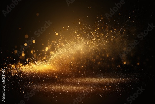 Gold glittering dust with shiny lights particles on a dark background. Generative ai