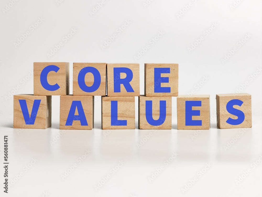 Core values concept on wooden cubes against white background. Core values concept on wooden cubes against white background.