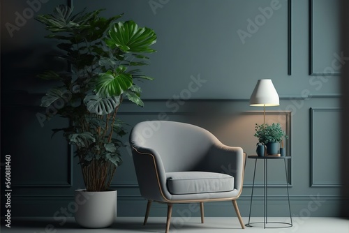 Modern luxurious Interior design sitting room with armchair and green plants. Generative ai 