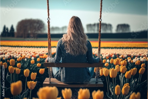 woman sitting in front of a tulip field #560882259