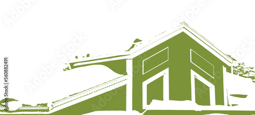 Green house in snow background. Illustration of a green house door deepens in white color of snow. 