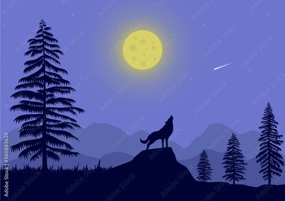 Landscape with wolf and moon silhouette vector illustration