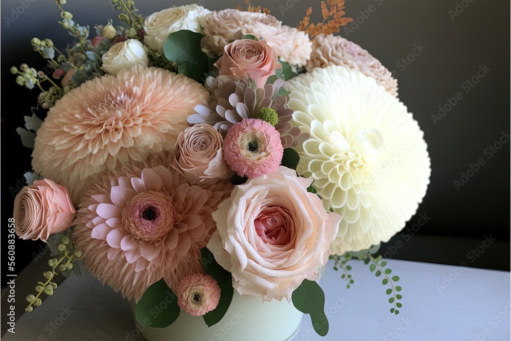 Pink and blush fresh flower wedding arrangement with roses, ranunculus and dahlia Generative ai artwork Pink and blush fresh flower wedding arrangement with roses, ranunculus and dahlia Generative ai artwork
