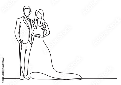 continuous line drawing happy groom bride standing at wedding - PNG image with transparent background