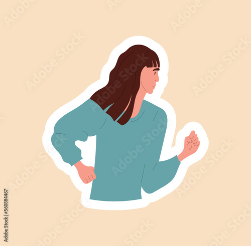 Femme woman icon. Young girl shows her fist. Gestures and facial expressions, emotions. Sticker for social networks and messengers. Communication and interaction. Cartoon flat vector illustration