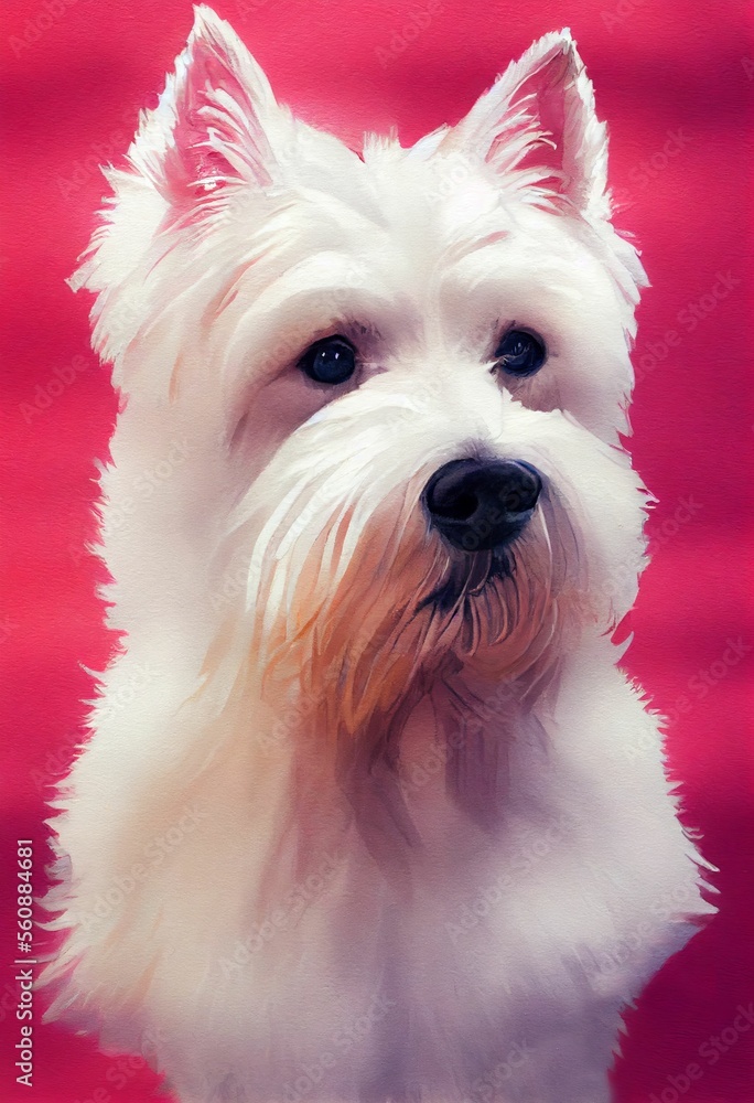 Funny adorable portrait headshot of cute doggy. West Highland White Terrier dog breed puppy, standing facing front. Looking towards camera. Watercolor imitation illustration. AI generated vertical Funny adorable portrait headshot of cute doggy. West Highland White Terrier dog breed puppy, standing facing front. Looking towards camera. Watercolor imitation illustration. AI generated vertical