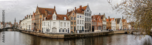 Panorama of the Brugge historic city center. The old town in medieval Europe, Belgium.