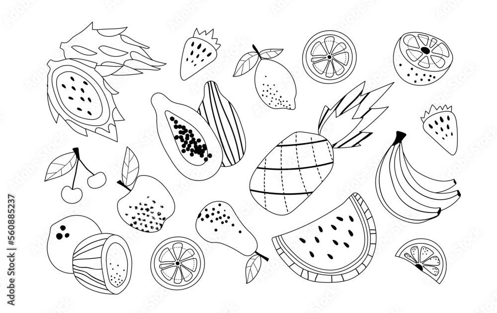 Fruits line set. Collection of minimalistic icons for website. Vegetarian diet and proper nutrition. Tropic and exotic, summer. Cartoon flat vector illustrations isolated on white background