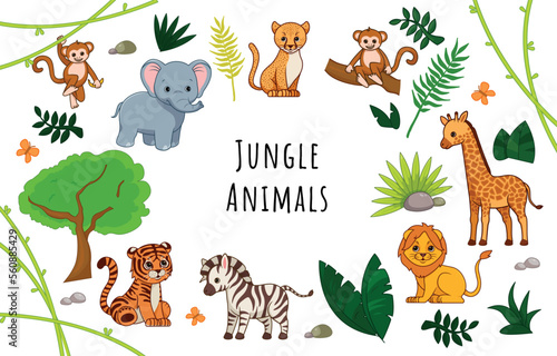 Jungle with animals. Poster or banner for website. Zebra, giraffe and elephant. African savanna, fauna and wild life. Foliage and animals. Greeting postcard design. Cartoon flat vector illustration