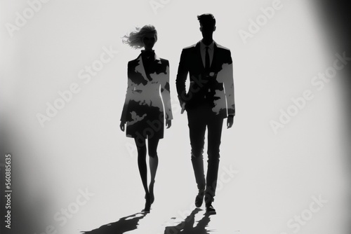 Silhouette of businessman and businesswoman walking on the ground. Creative double exposure. Generative AI. (ID: 560885635)