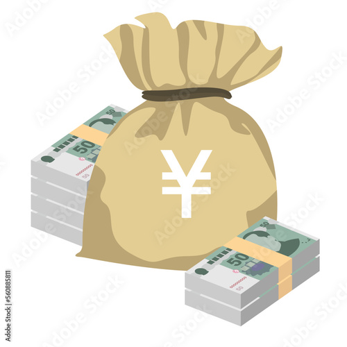 Yuan Renminbi Vector Illustration. Chinese money set bundle banknotes. Money bag 50 CNY. Flat style. Isolated on white background. Simple minimal design.